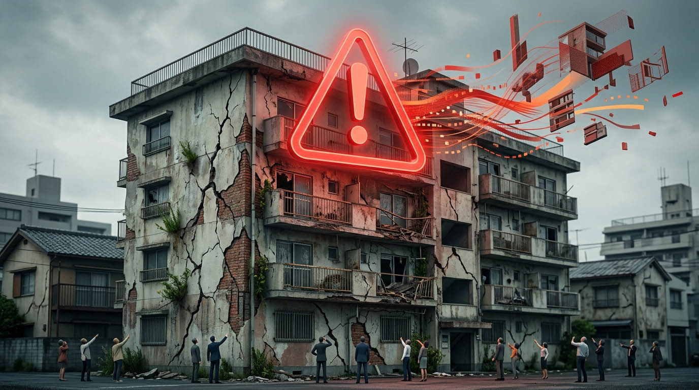 修繕されずにひび割れた外壁や、管理が行き届いていないマンションのイメージと、危険を知らせるアラートのアイコンの合成