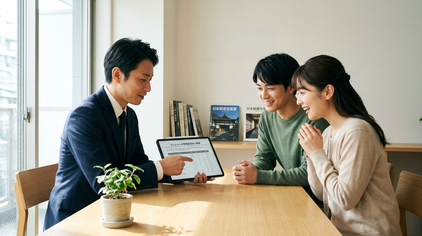 高翔バイセルのスタッフが、マンションの管理状況の資料をお客様にオープンに見せながら誠実に説明し、お客様が安心した笑顔を見せている様子
