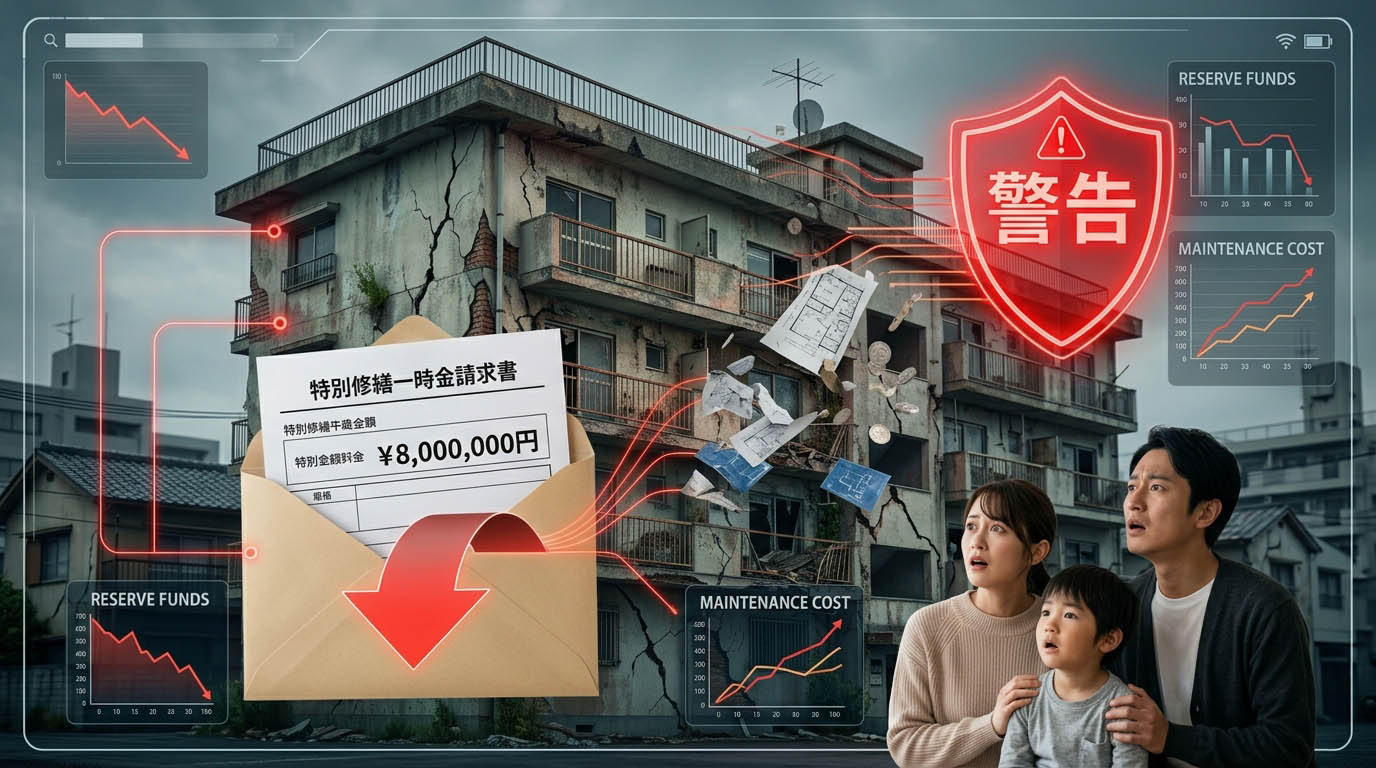 大規模修繕がされず外壁が傷んでいるマンションと、突然ポストに届いた高額な修繕費用の一時金請求書に驚くインフォグラフィック