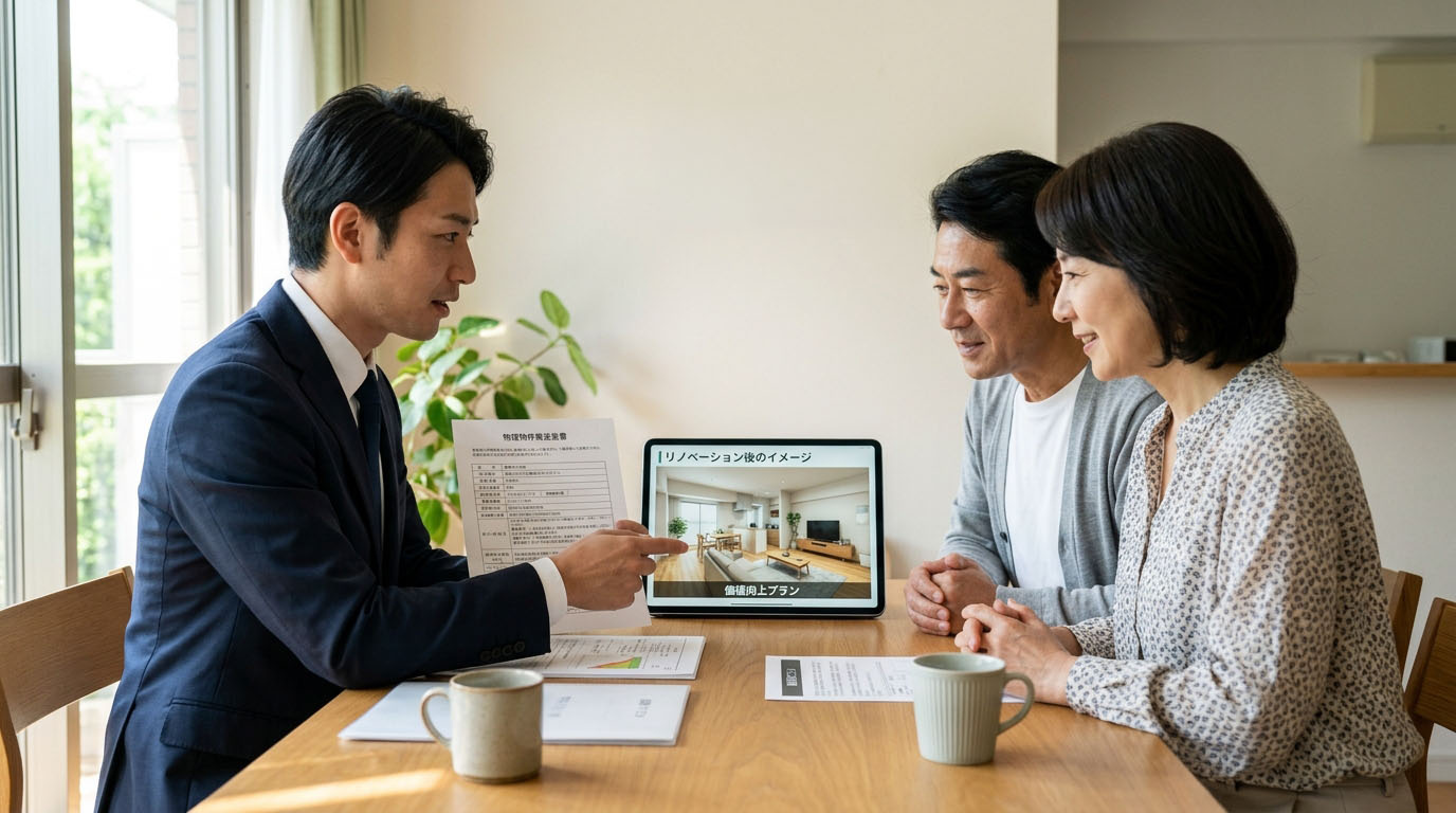 高翔バイセルのスタッフが、マンションの適正な査定書とともに、物件価値を高めるリノベーションプランを買主様にプレゼンしている様子