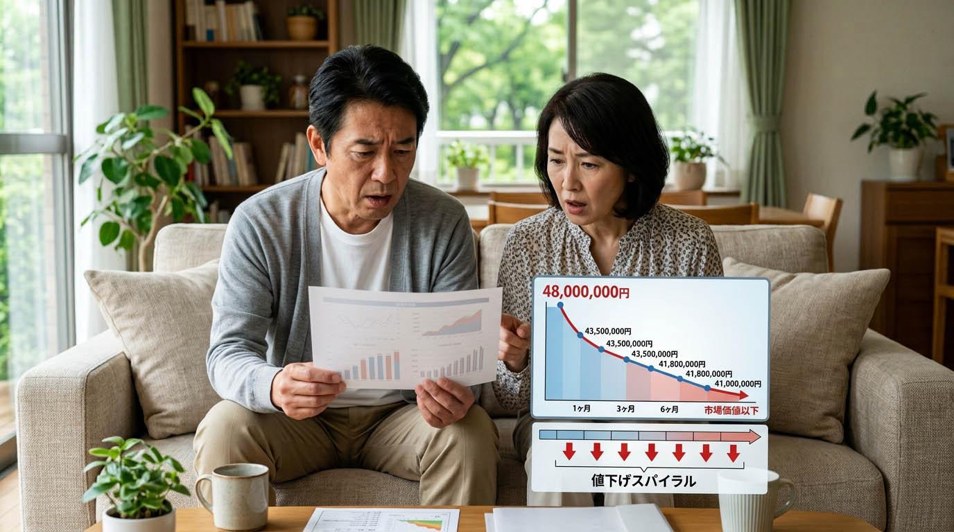 高すぎる売り出し価格から始まり、長期間売れ残ることで段階的に大幅な値下げを余儀なくされていく『値下げスパイラル』を示すグラフ