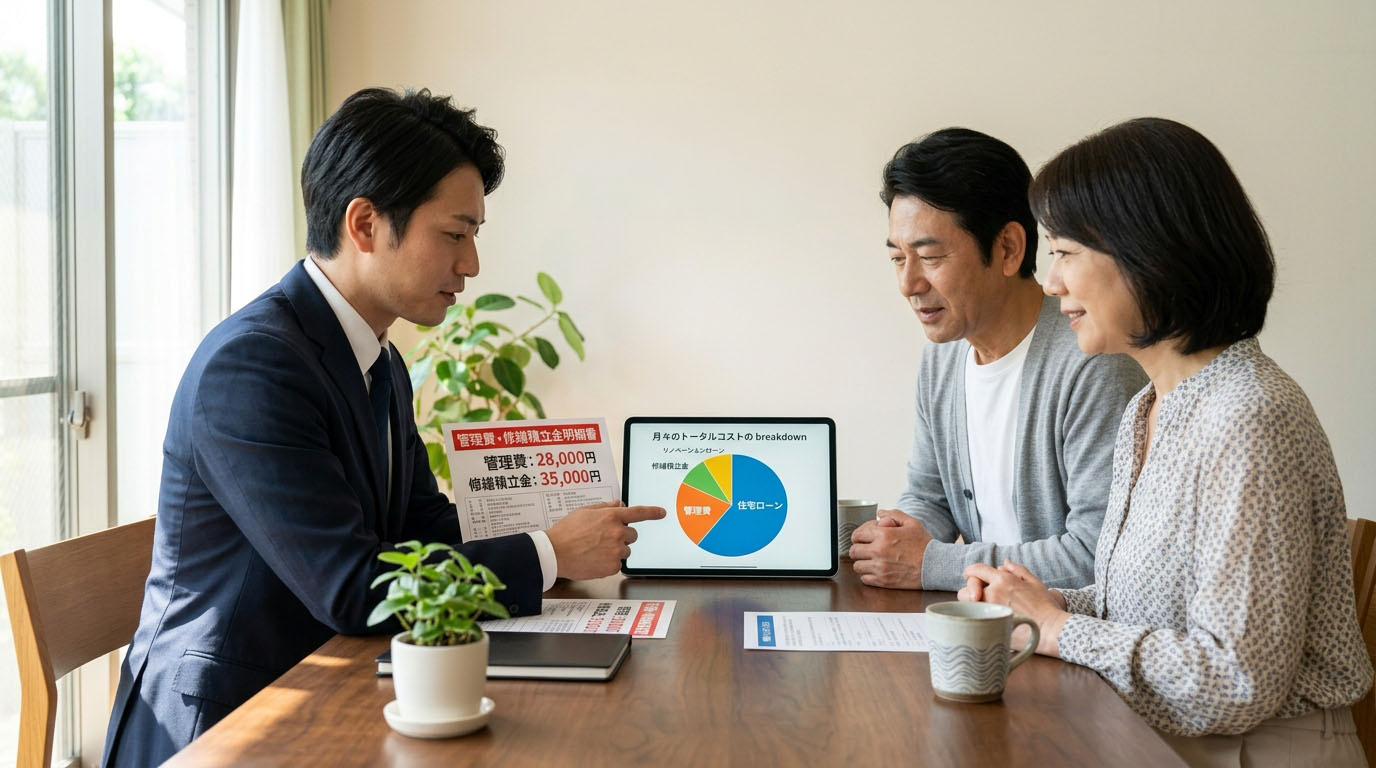 高翔バイセルのスタッフが、買主様に対して「物件価格+管理費+リノベーション費用」のトータルコストを分かりやすく提示し、納得を得ている様子