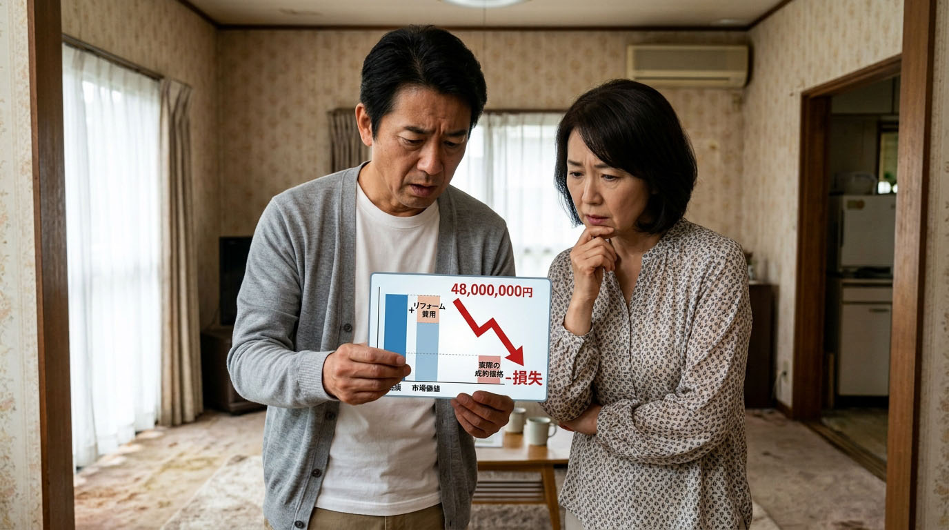 リフォームにかけた300万円が、売却価格に上乗せできずそのまま赤字(損失)になってしまう仕組みを視覚化したインフォグラフィック