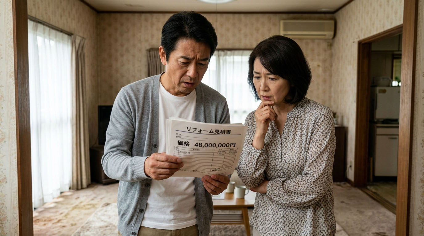 築年数の経ったマンションのリビングで、高額なリフォーム見積書を手に持ち、売却前に工事をするべきか悩んでいるご夫婦
