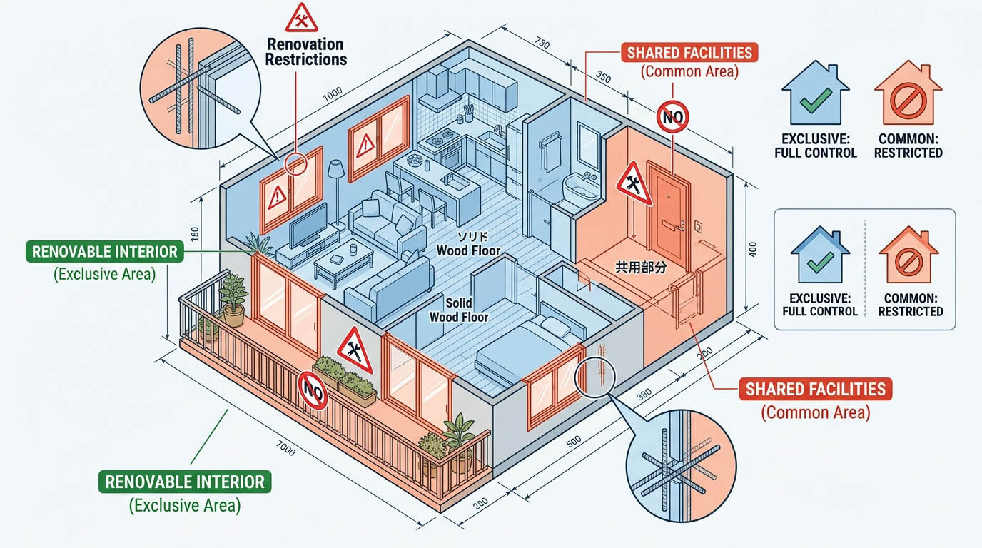 マンションの図面上で、専有部分(室内)と共用部分(玄関ドア、窓、バルコニーなど)の違いを分かりやすく色分けして解説したインフォグラフィック