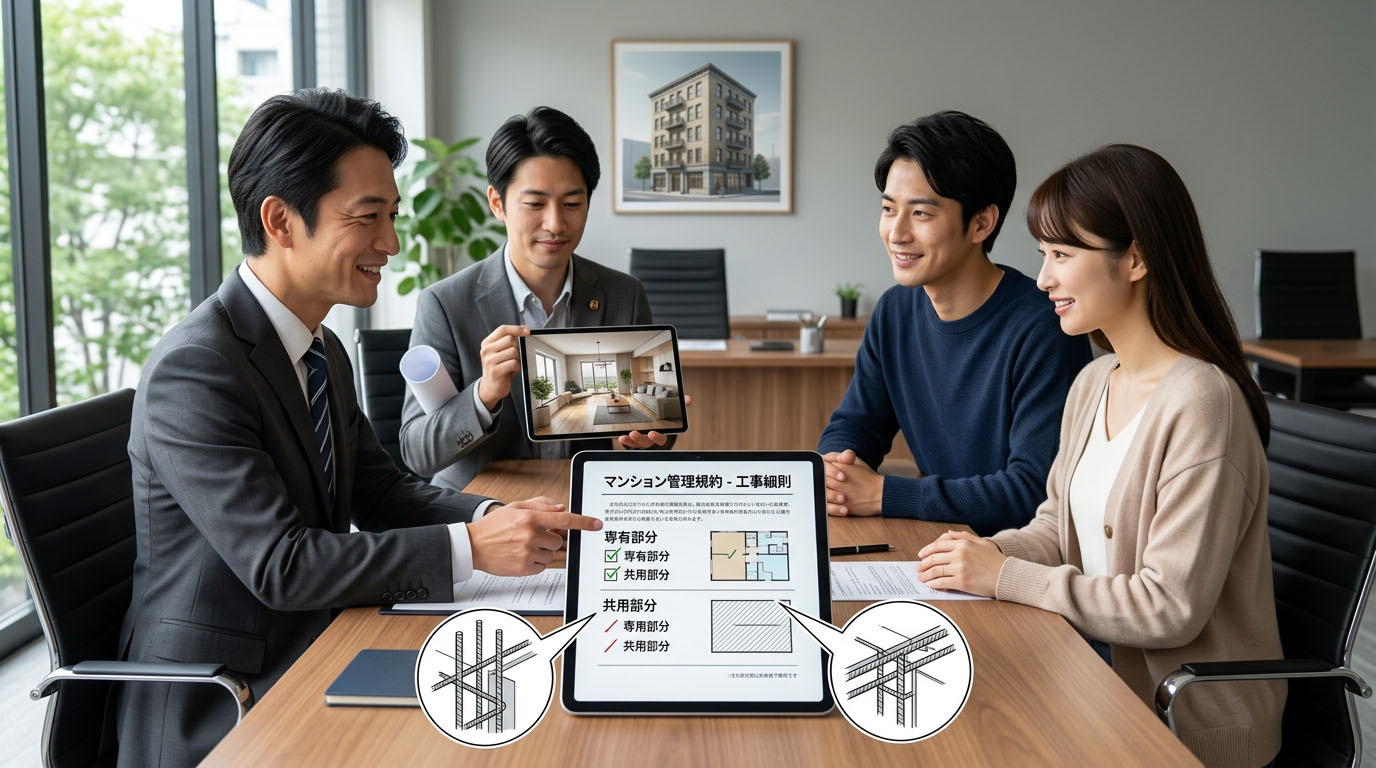 高翔バイセルの不動産スタッフと建築士が、物件選びの段階で管理規約を確認しながら、お客様にリノベーションの可否をアドバイスし安心している様子