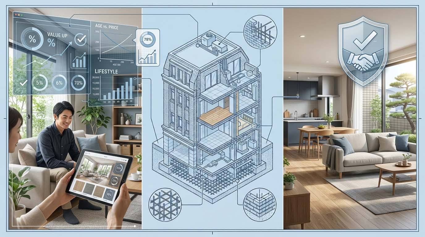 築古マンションが、無垢材や最新設備を取り入れた明るくモダンな空間にリノベーションされ、家族が心地よく過ごせるリビングの風景