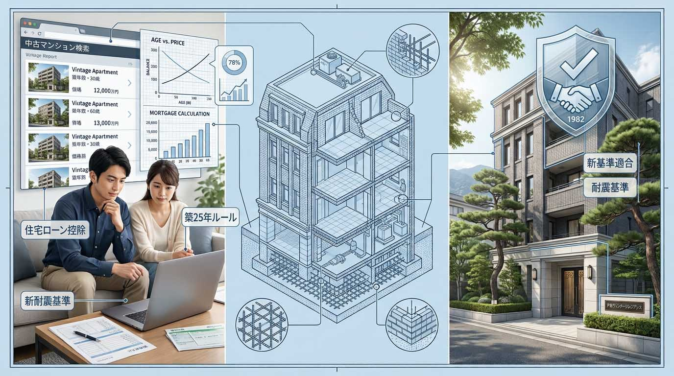 住宅ローン控除の古い「築25年ルール」にバツ印がつき、新しい「1982年以降(新耐震基準)」のルールを分かりやすく図解したインフォグラフィック