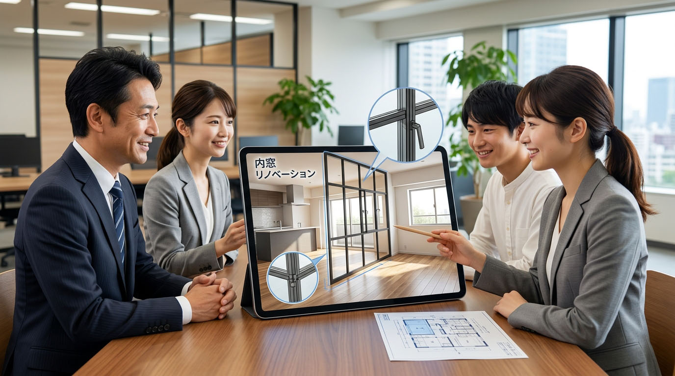 角部屋の窓に「内窓(二重窓)」を設置するリノベーションや、中部屋に光を取り込む「室内窓」を提案している図面のイメージ