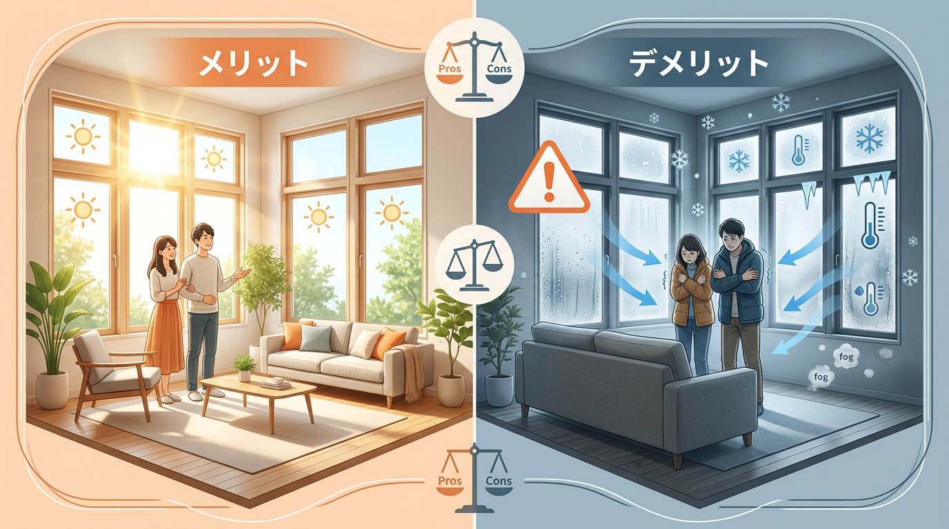 角部屋のメリットである「明るさ・窓の多さ」と、裏に隠れたデメリット「寒さ・結露・家具の置きにくさ」を対比させたインフォグラフィック