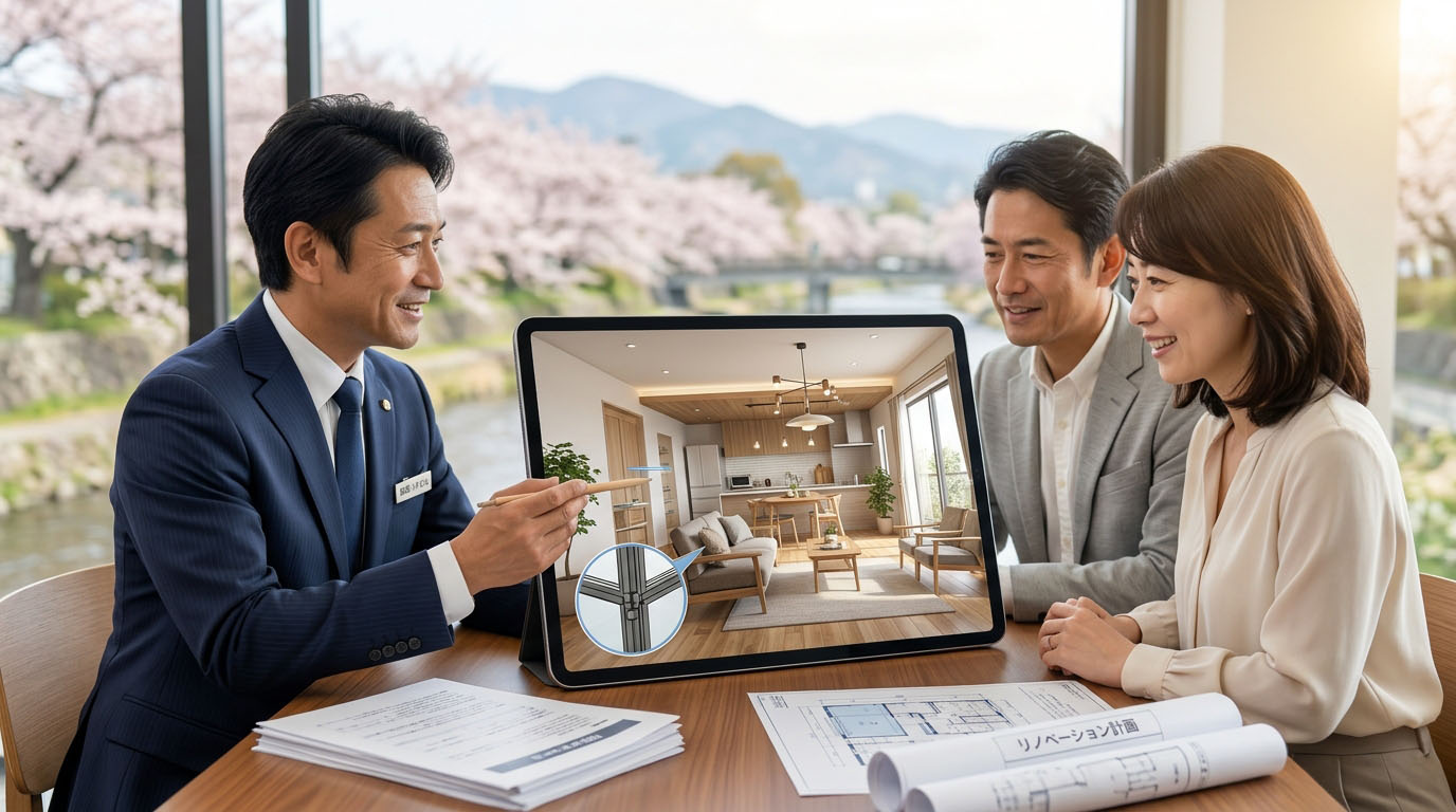 高翔バイセルのスタッフが、売主様に「リノベーション完成予想図」を見せながら、高く売るための独自の戦略をプレゼンしている様子