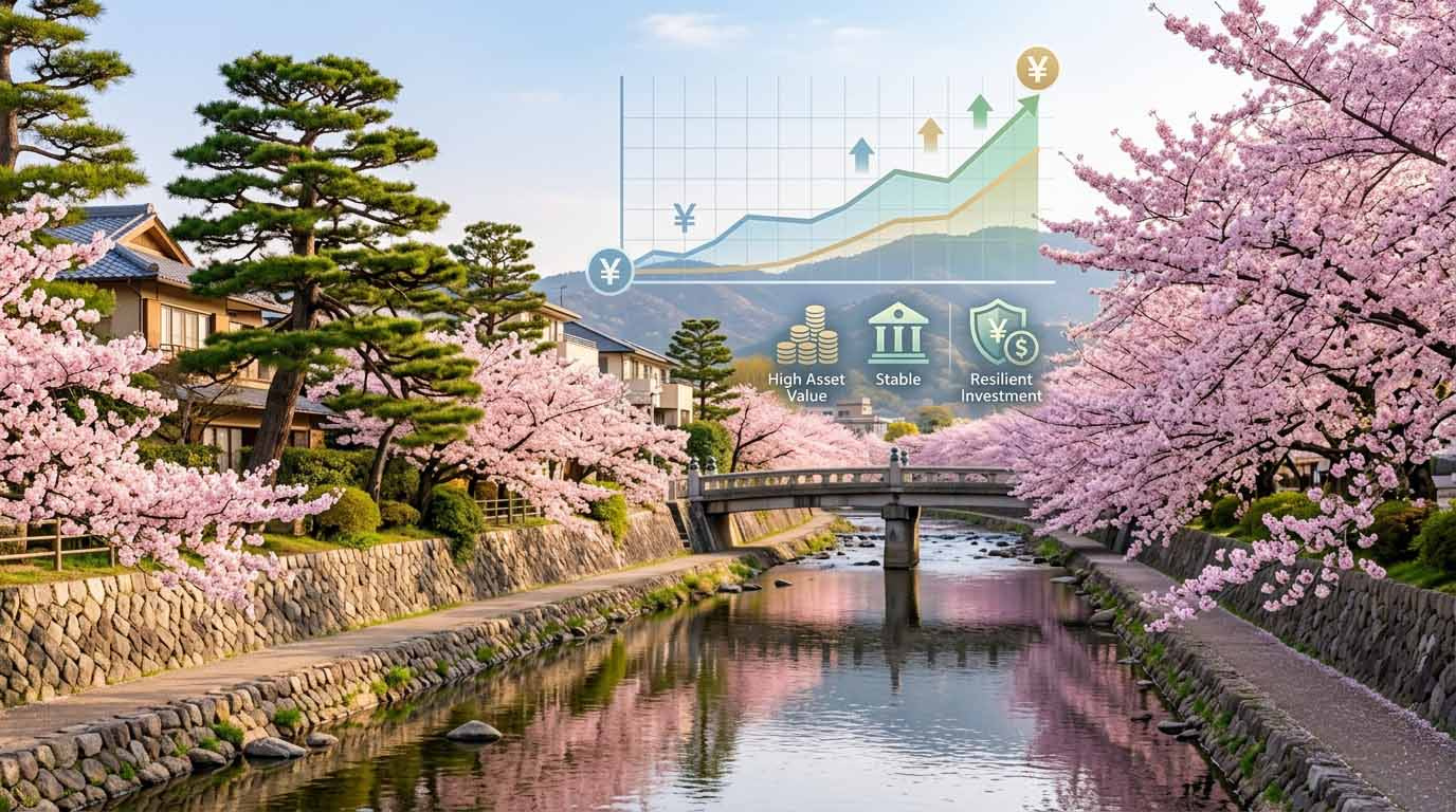 芦屋川の美しい桜並木の風景と、価格が底堅く推移していることを示す安定したグラフのインフォグラフィック