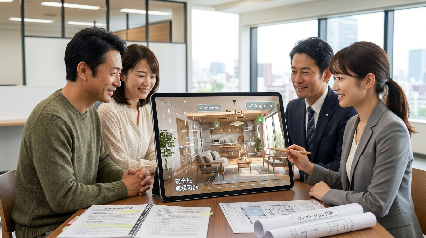 高翔バイセルのスタッフと建築士が、契約前の重要事項説明書の内容を踏まえて、お客様に安全で実現可能なリノベーションプランを提案している様子
