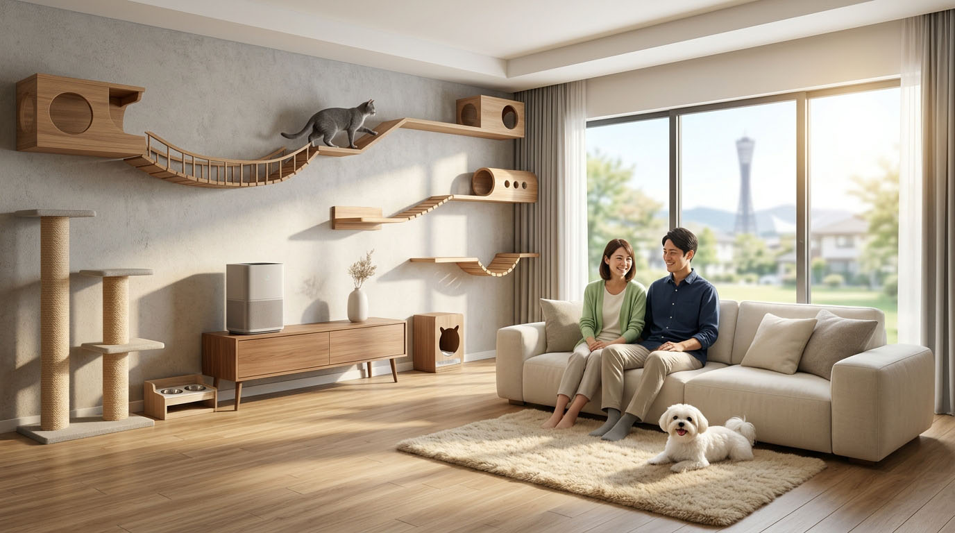 ペット可の中古マンションを、キャットウォークや滑りにくい床材を用いて、ペットも人間も快適に過ごせるようにリノベーションした明るいリビング