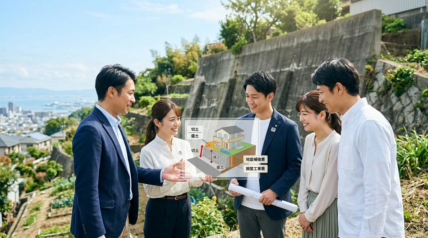 高翔バイセルの不動産スタッフと建築士が、実際の土地(傾斜地や擁壁の前)でお客様に地盤のリスクや建築にかかる総予算を分かりやすく説明している様子