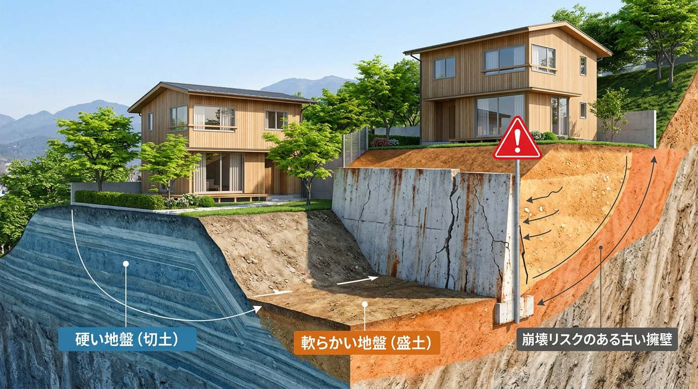 傾斜地における「切土(硬い地盤)」と「盛土(軟らかい地盤)」の違い、および崩壊リスクのある「古い擁壁」を分かりやすく図解したインフォグラフィック