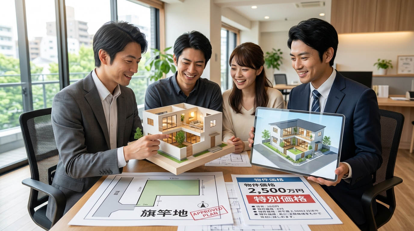 高翔バイセルの不動産スタッフと建築士が、旗竿地でも明るくプライバシーが守られる「2階リビング」や「中庭」の魅力的なプランをお客様に提案している様子