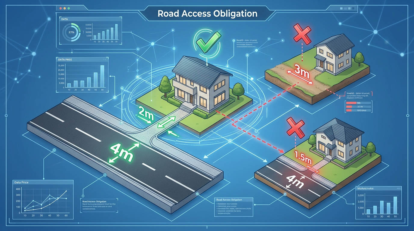 家を建てるためのルールである「接道義務(幅4m以上の道路に2m以上接していないと家が建てられない)」の仕組みを分かりやすく説明したインフォグラフィック