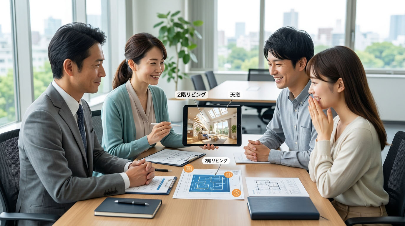 高翔バイセルのスタッフと建築士が、北向きの土地でも明るい「2階リビング」や「吹き抜け」の設計プランをお客様に提案し、不安を解消している様子
