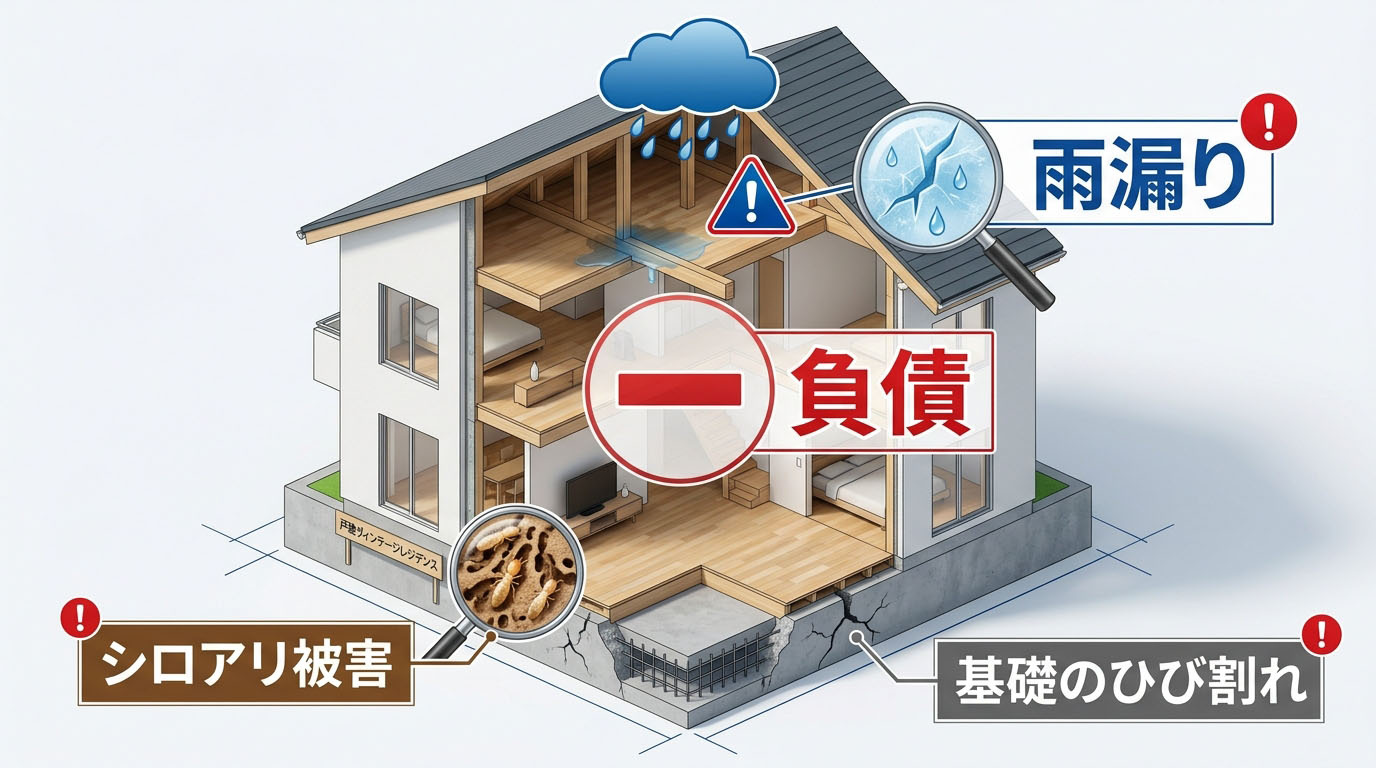 家の断面図で、綺麗な内装の裏側にある「シロアリ被害」「雨漏り」「基礎のひび割れ」といった見えない欠陥を警告アイコンで示したインフォグラフィック