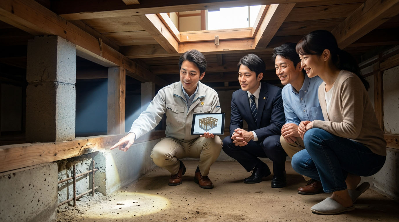 高翔バイセルの不動産スタッフと建築士が、物件の内覧時に床下点検口などを確認しながら、お客様に建物の状態を分かりやすく説明している様子