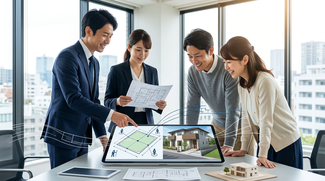 高翔バイセルのスタッフが、境界線が確定した安全な土地の図面を買主様に提示し、建築士とともに「理想の家が建つこと」をアピールしている様子