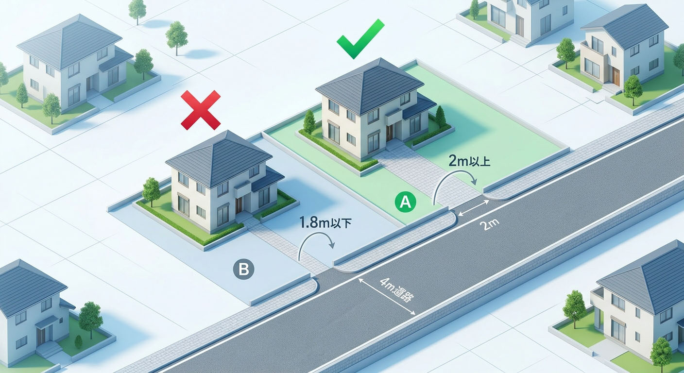 家を建てるためのルールである「接道義務(幅4m以上の道路に2m以上接していないと家が建てられない)」の仕組みを分かりやすく説明したインフォグラフィック