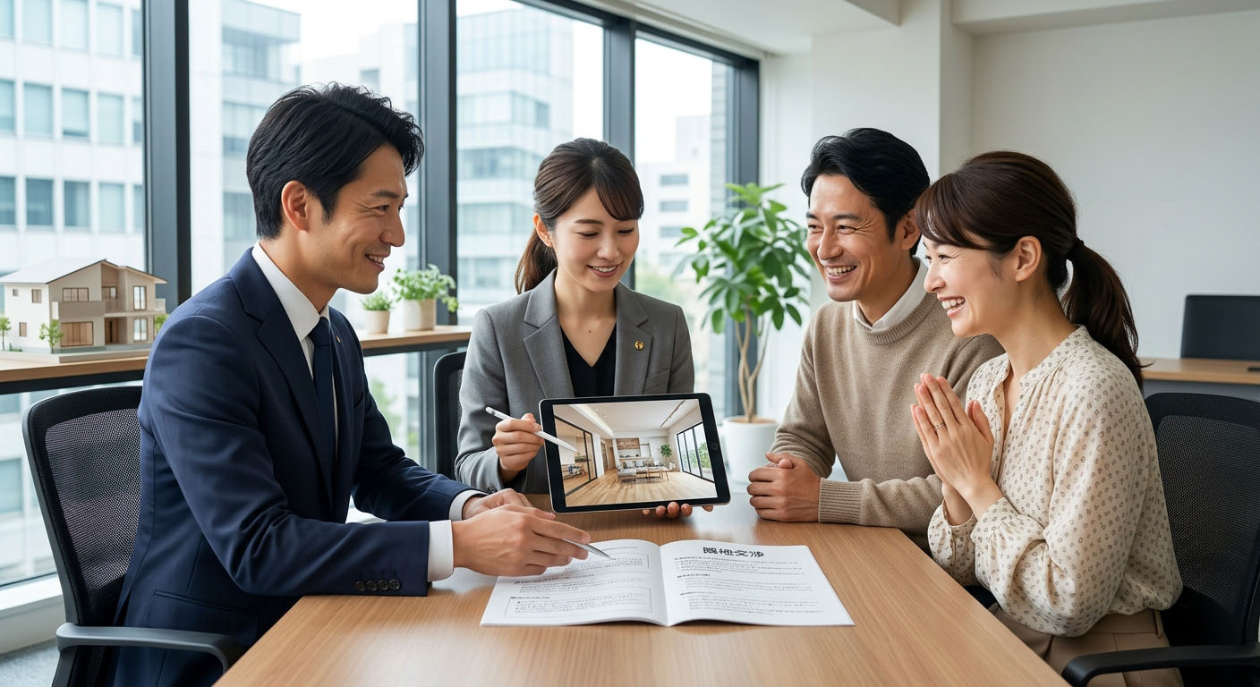 高翔バイセルの不動産スタッフが隣地交渉の可能性を説明し、同時に建築士がフルリノベーションのプランを提案して、お客様が安心した笑顔を見せている様子
