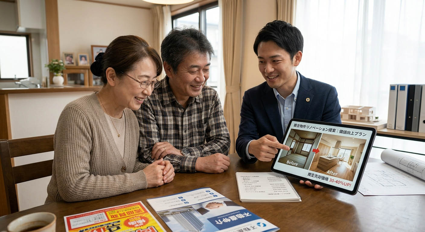 高翔バイセルのスタッフが、売却と建築の両方の知識を活かして、築古物件を高く売るためのリノベーションプランを売主様に笑顔で提案している様子