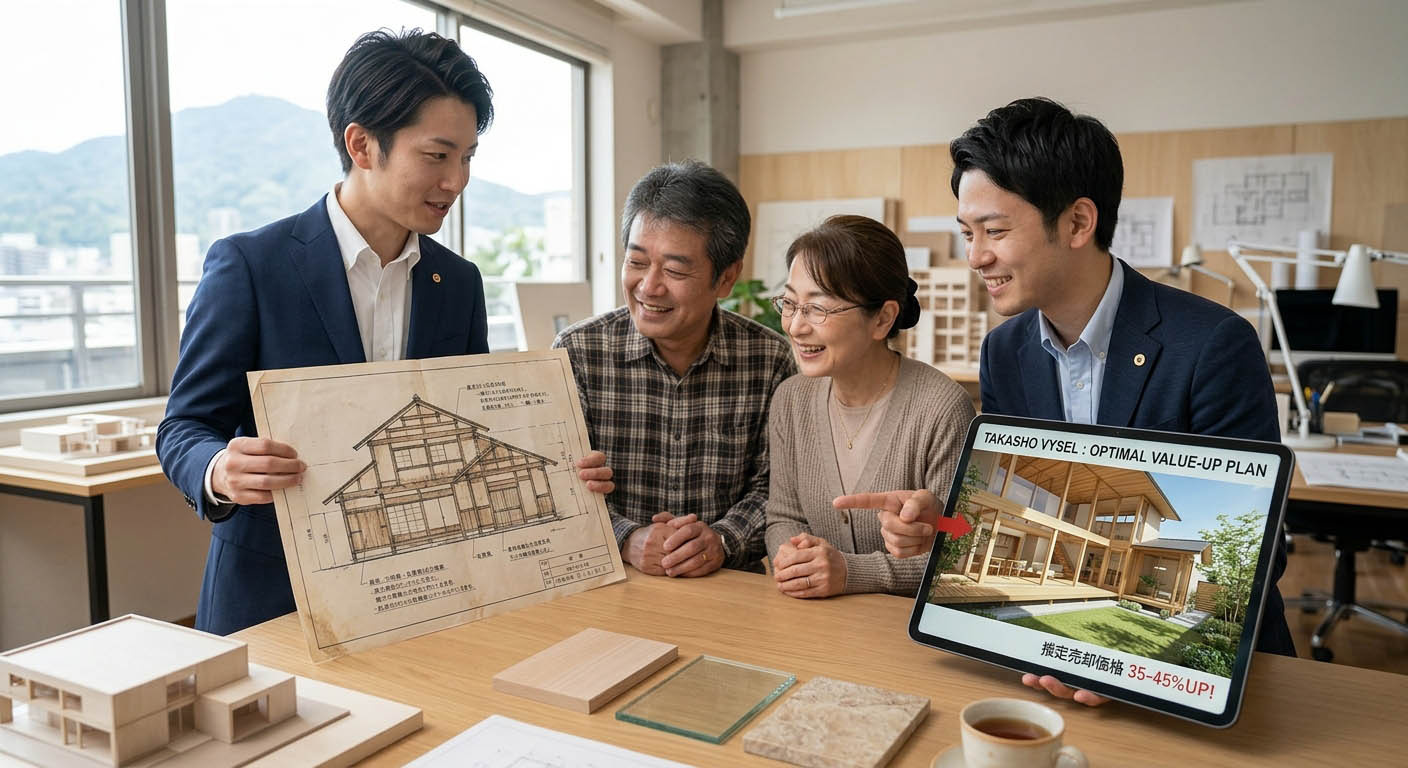 高翔バイセルのスタッフが、古い実家の図面と新しい建物のプランを並べて、売主様に高く売るための最適な活用法を提案している様子