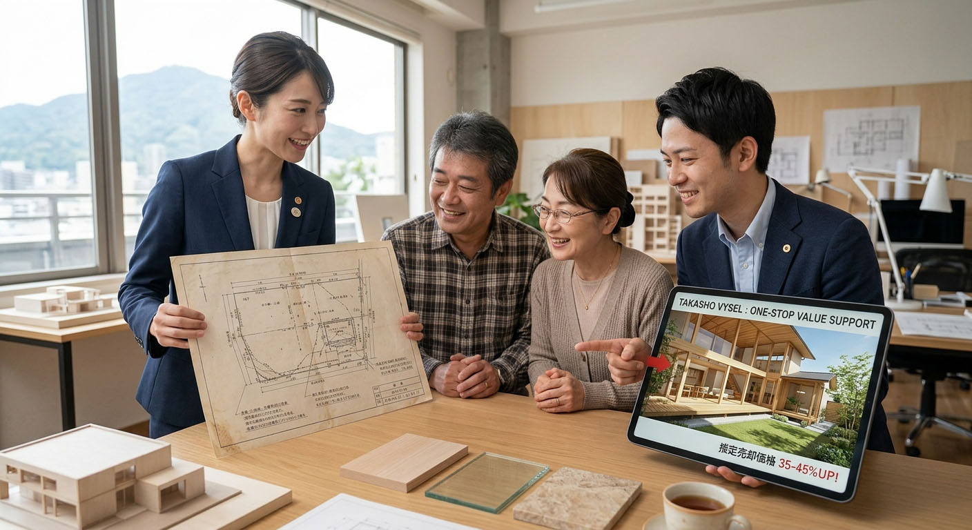 土地家屋調査士による測量図面から、建築士が作成した新しい家のパース(完成予想図)へと繋がる、ワンストップサポートをイメージした画像