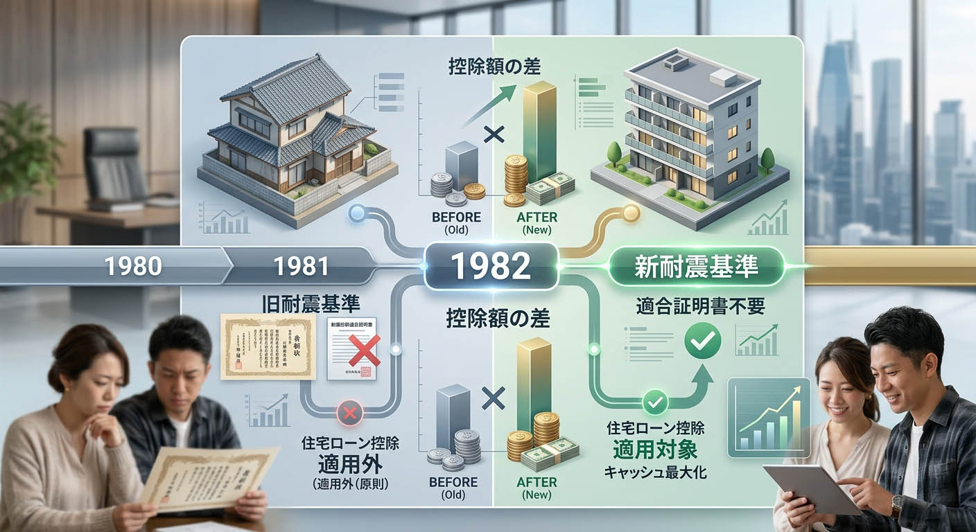 1982年(昭和57年)を境目として、旧耐震基準と新耐震基準の違い、そして住宅ローン控除の適用条件が緩和されたことを示す分かりやすいインフォグラフィック