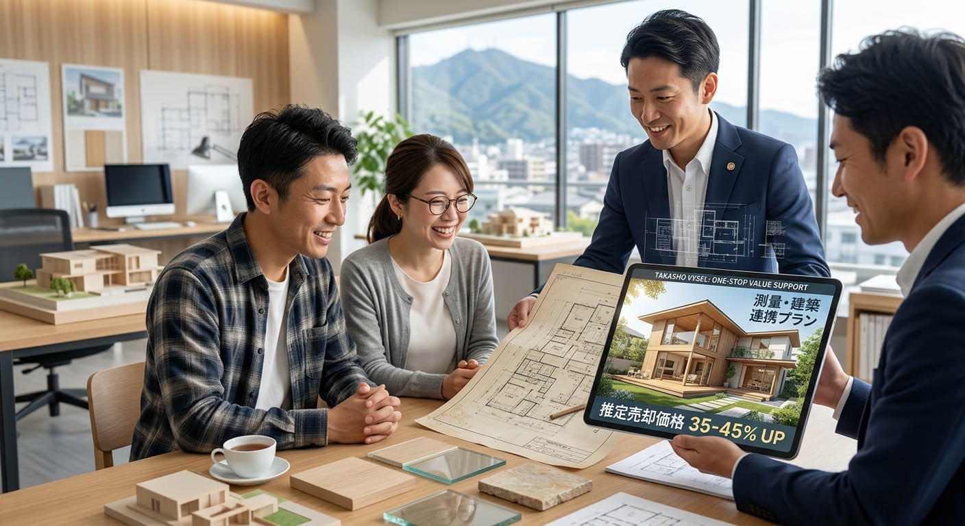 高翔バイセルの不動産スタッフと建築士がチームとなり、安心した表情のご夫婦に中古戸建のリノベーションプランと資金計画を説明している様子