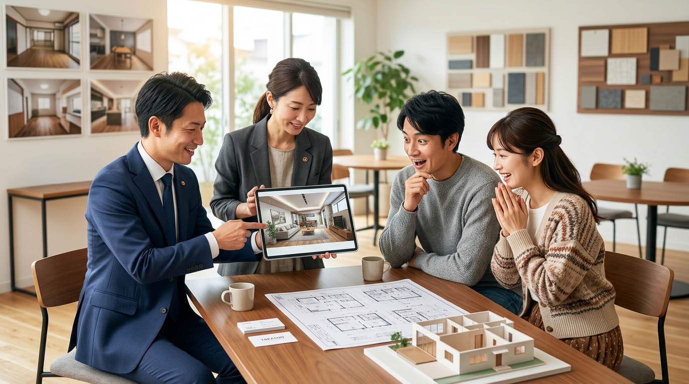 高翔バイセルのスタッフと建築士が、買主様に対して「古い家がこんなに素敵になりますよ」と、リノベーションの完成予想図(パース)をタブレットで見せて提案している様子