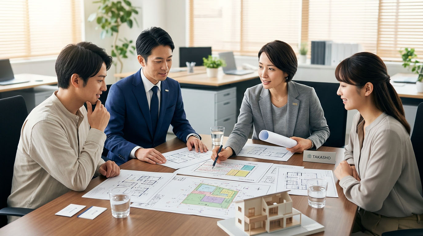 高翔バイセルの不動産スタッフと建築士が、広げた土地の図面を見ながら、お客様の希望する間取りが実現できるか真剣に提案している様子