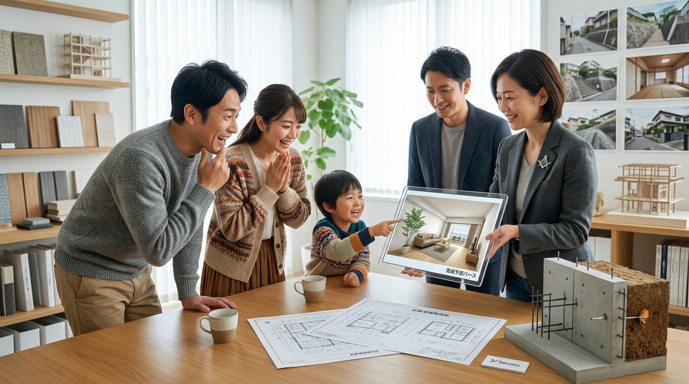 高翔の建築士が耐震補強の構造図と、美しいリノベーション後の完成予想図を重ねて提案し、ご家族が安心した笑顔を見せている様子