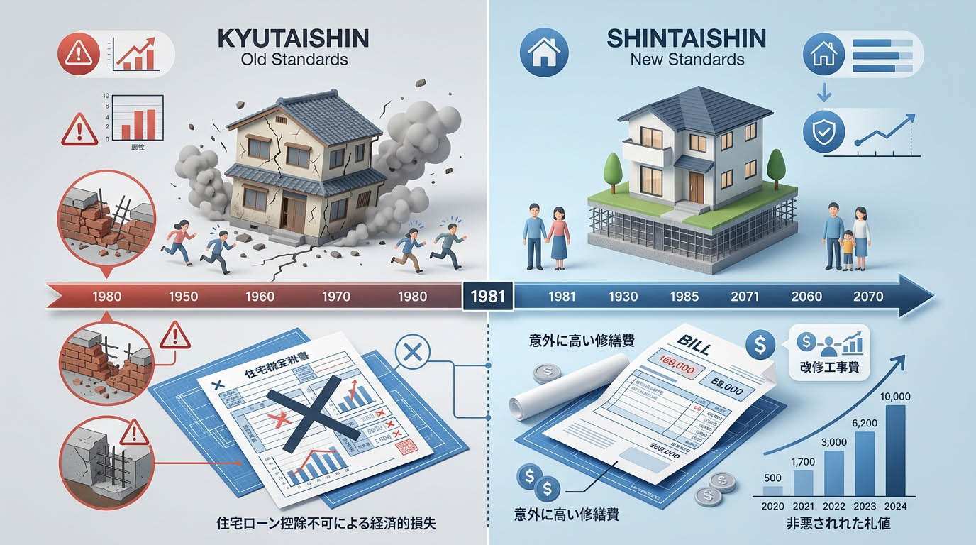 旧耐震と新耐震の違い、倒壊リスクや住宅ローン控除不可による経済的損失など、目に見えないリスクを視覚的に示したインフォグラフィック