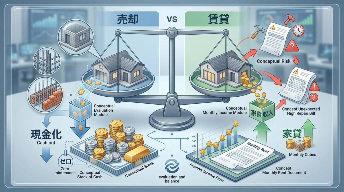 「売却(一括で現金化、維持費ゼロ)」と「賃貸(毎月の家賃収入、初期投資と空室リスク)」のメリット・デメリットを天秤で比較したインフォグラフィック
