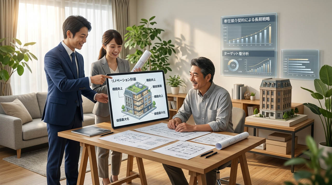 専任媒介を受けた高翔バイセルの不動産スタッフが、建築士と一丸となって、古い物件の魅力を引き出すリノベーションプランを熱心に企画している様子