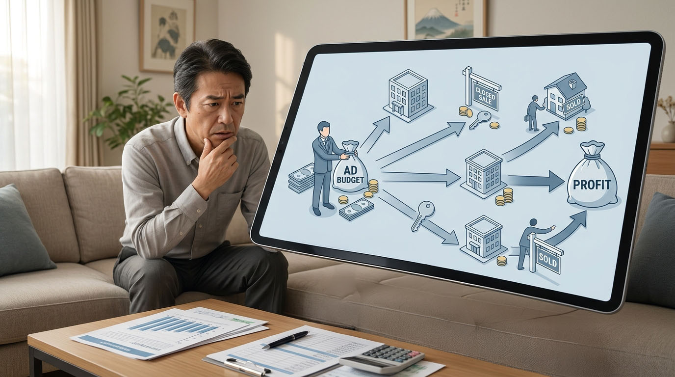 「一般媒介」において、自社で広告費をかけても他社で成約されると利益がゼロになるため、不動産会社が広告費を出し渋る構造を示したインフォグラフィック