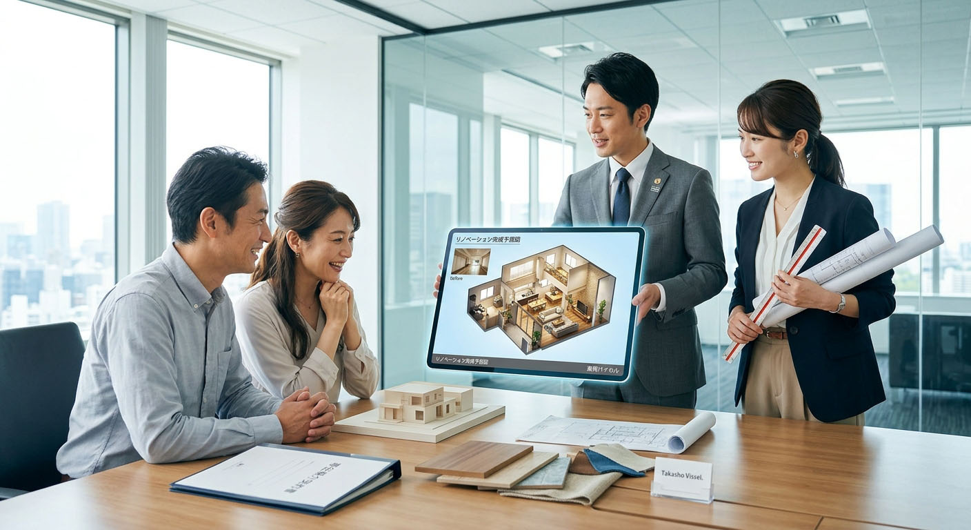 高翔バイセルの不動産スタッフが、建築士と共に作成した「リノベーション完成予想図」を買主様に提案し、物件の付加価値を最大化している様子