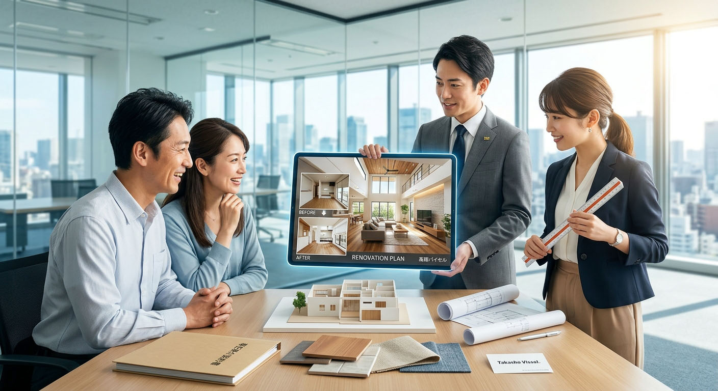 高翔バイセルの不動産スタッフが、建築士と共に作成した「リノベーション完成予想図」を買主様に提案し、物件の付加価値を最大化している様子