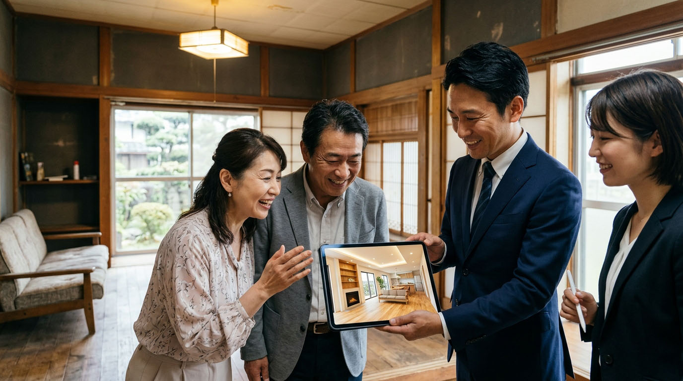 なかなか売れなかった中古物件に対し、建築士が作成した美しいリノベーションプランを提示することで、物件の隠れた価値を買主にアピールしている様子