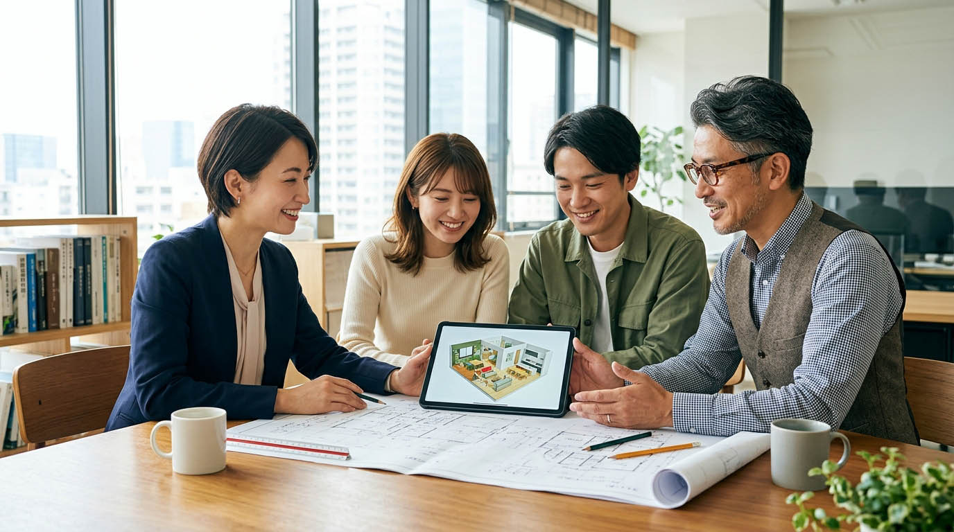 高翔バイセルの不動産担当と建築士が、お客様と一緒に物件の図面を見ながら、リノベーションと資金計画の打ち合わせを和やかに行っている様子