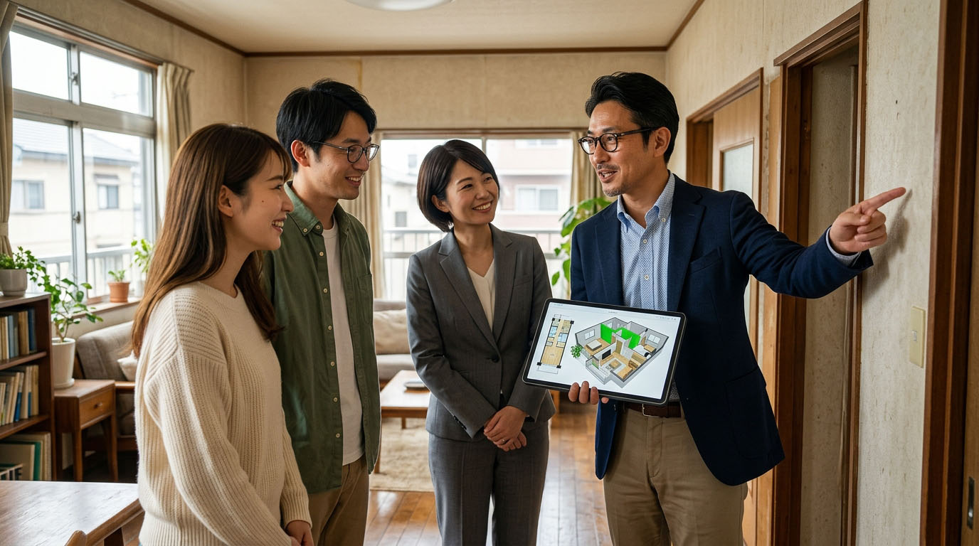 高翔バイセルのスタッフと建築士が、内覧中のマンションでお客様に『ここの壁は抜けますよ』とリノベーションの可能性をアドバイスしている様子