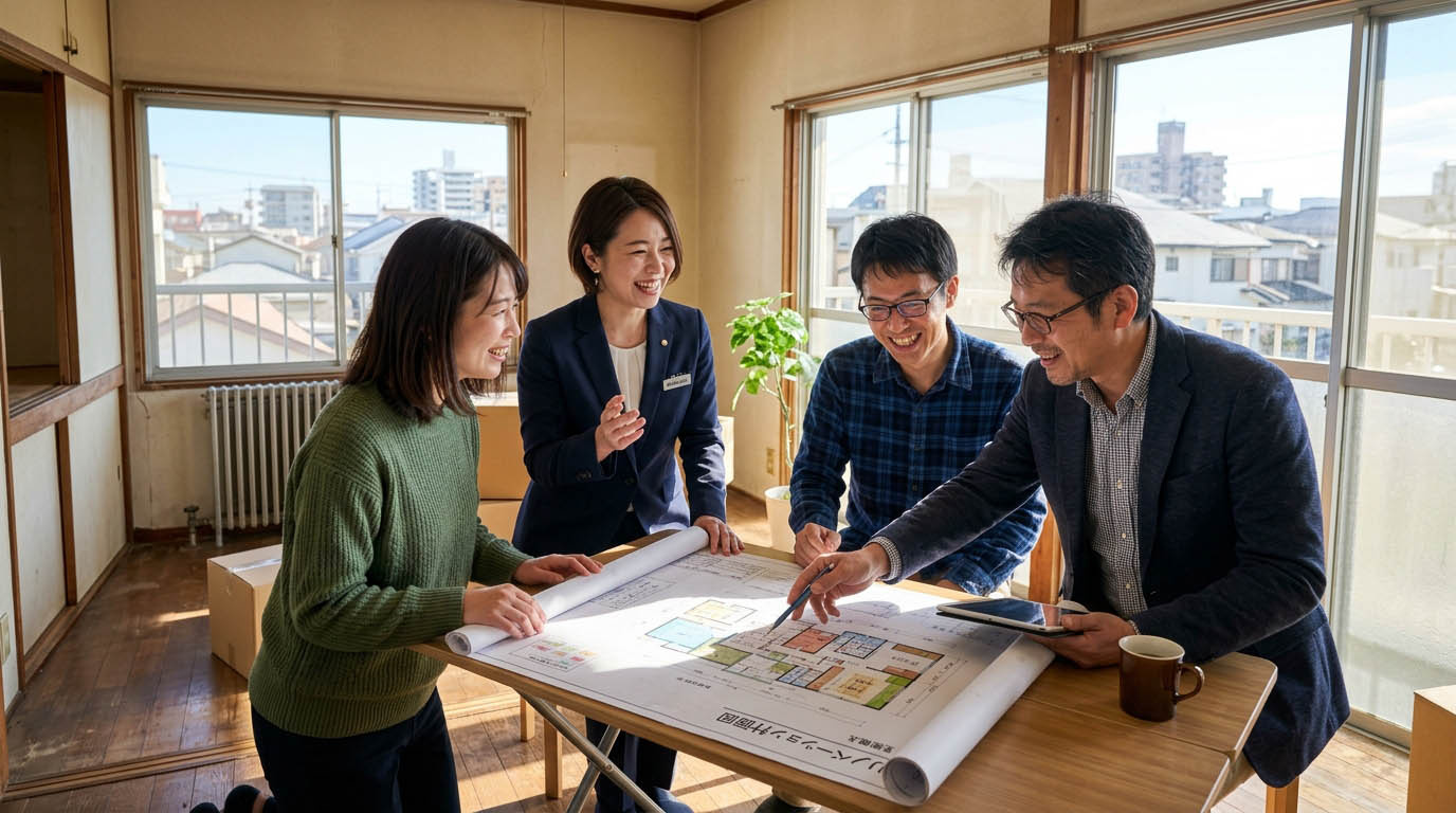 高翔バイセルのスタッフと建築士が、内覧中の中古マンションの一室で図面を広げ、お客様と一緒にリノベーションの可能性について楽しく打ち合わせしている様子
