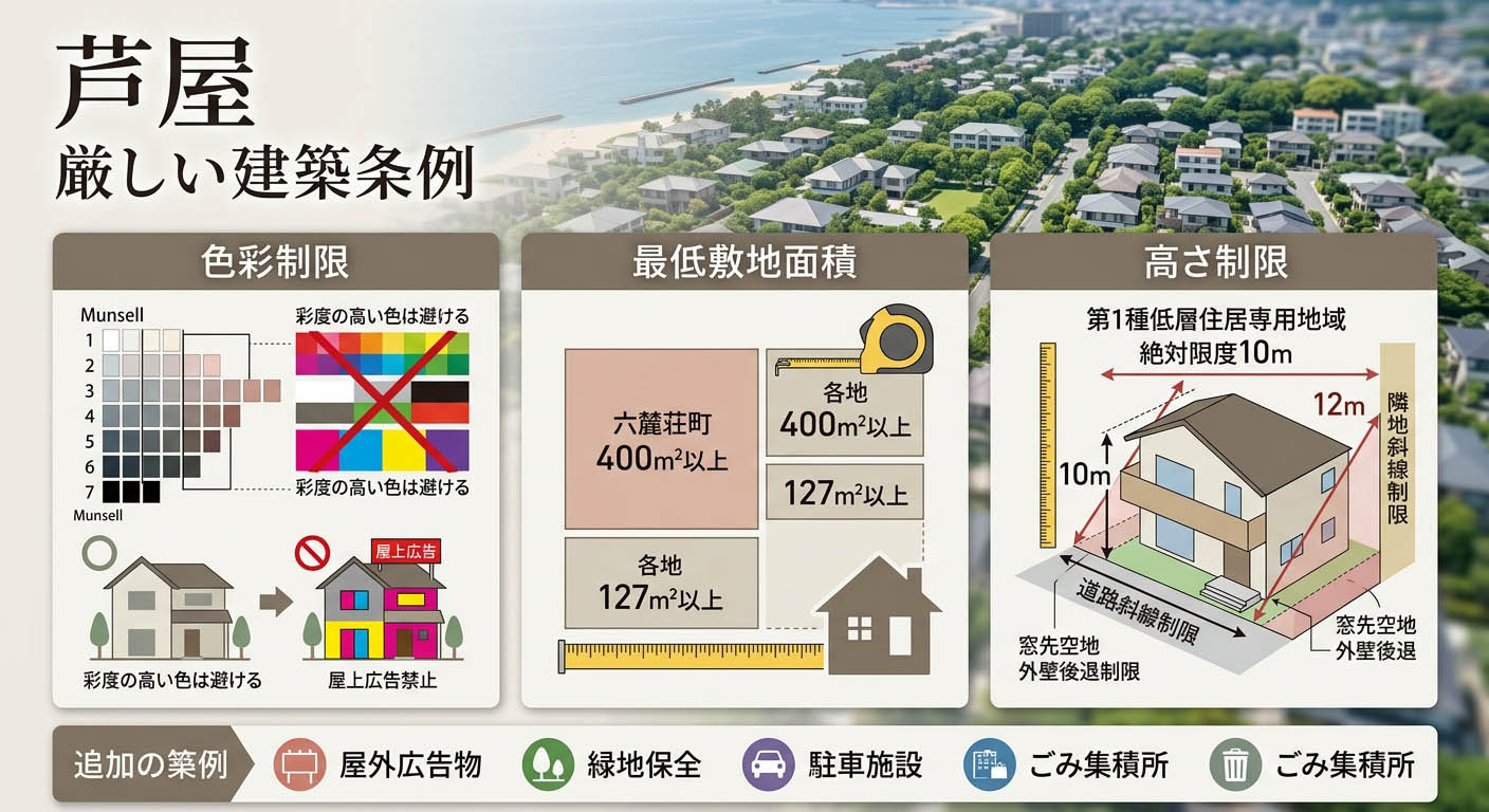 芦屋の美しい街並みと、色彩制限(マンセル値)や高さ制限などの厳しい建築条例を視覚的に表現したインフォグラフィック