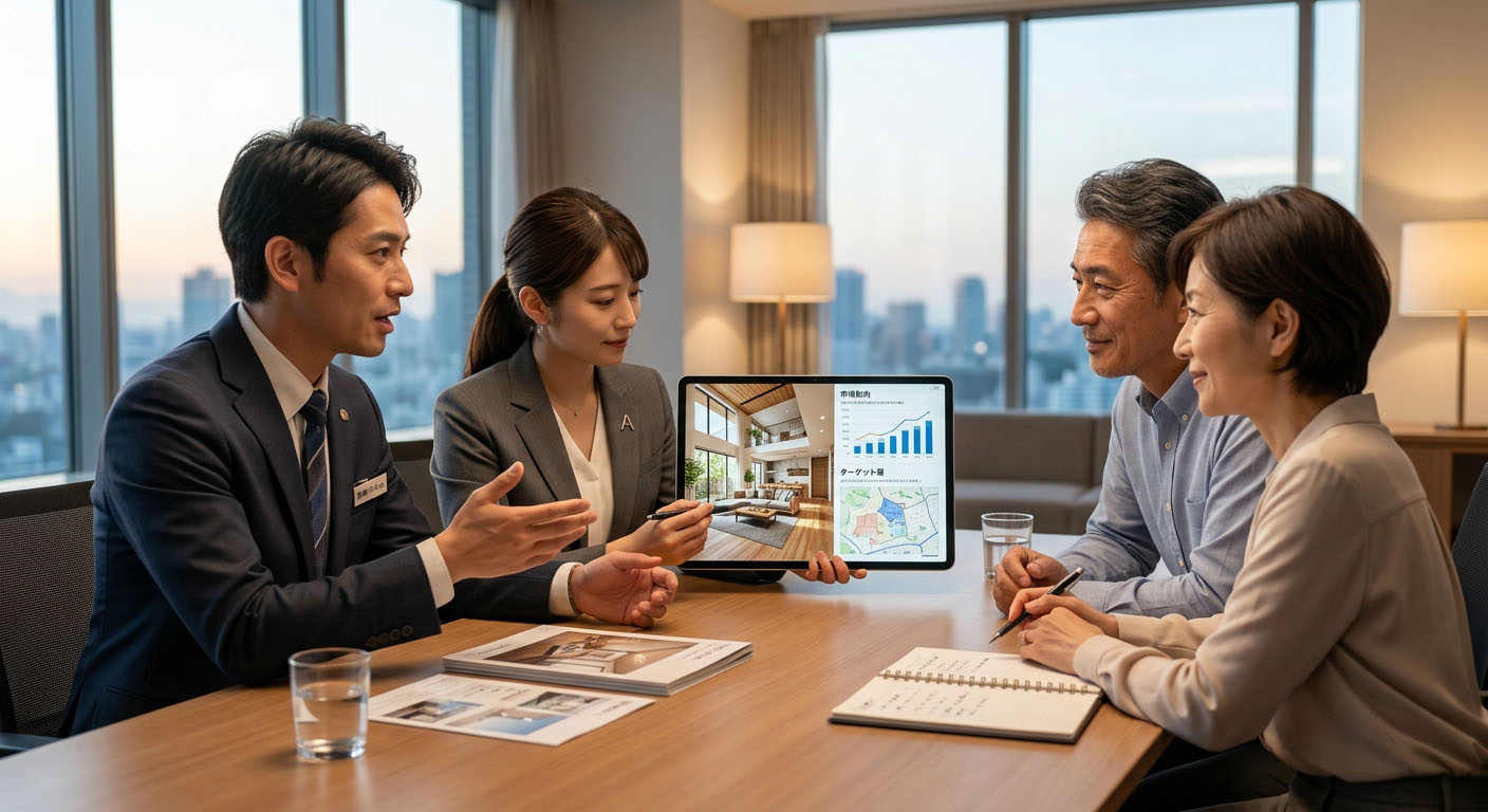 高翔バイセルのスタッフと建築士が、売主様に対して販売活動のデータと、魅力的なリノベーション完成予想図を見せながら熱心に説明している様子