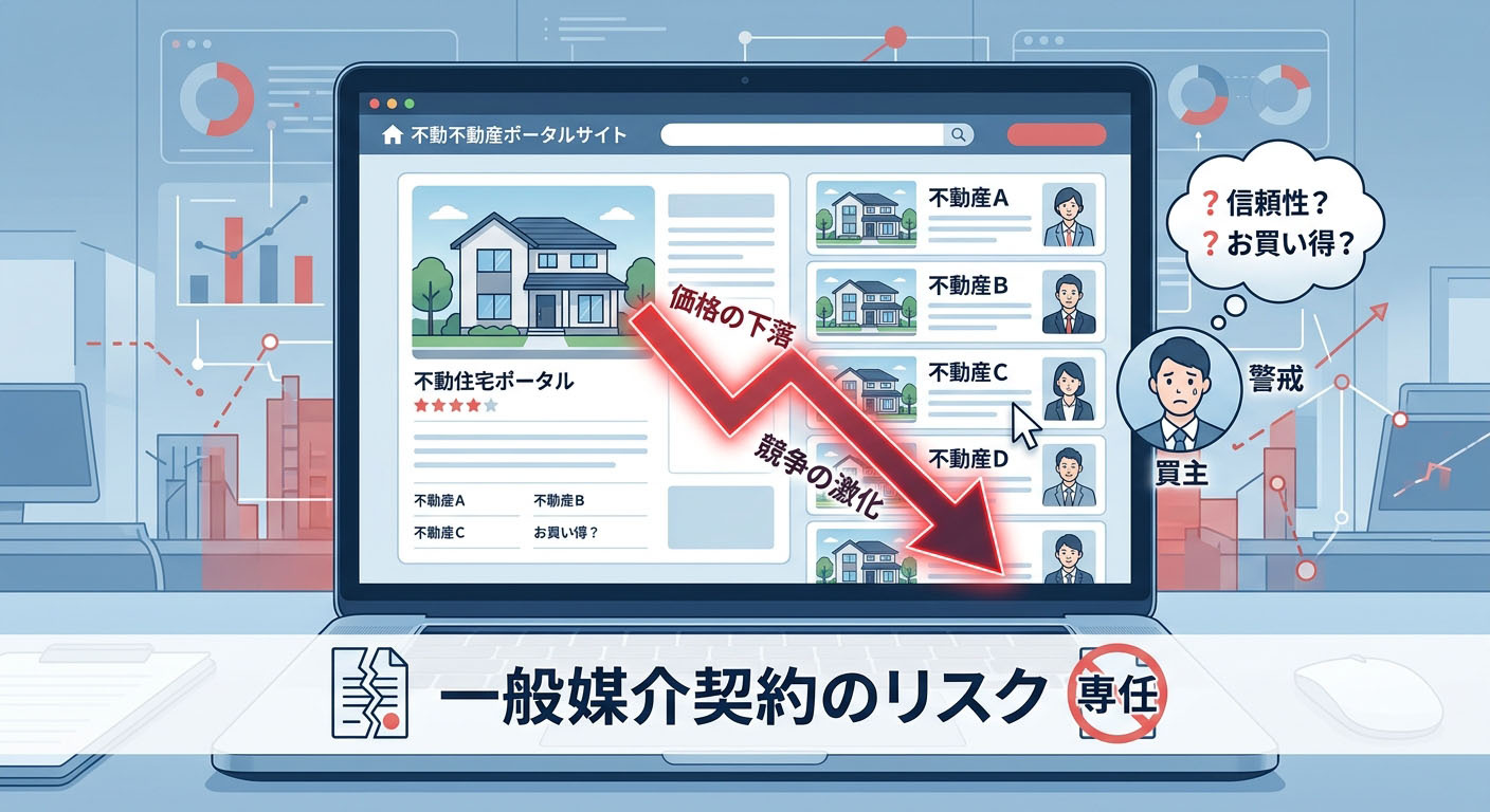 不動産ポータルサイトの画面に、全く同じ物件が複数の不動産会社からずらりと並んで表示され、買主が警戒して値崩れを起こしているイメージのインフォグラフィック