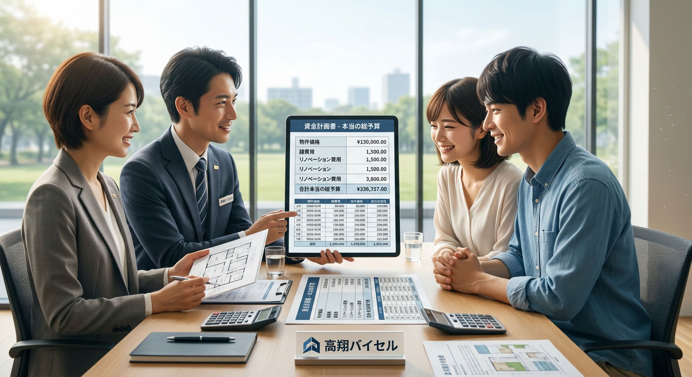高翔バイセルの不動産担当と建築士が、お客様に物件価格、諸費用、リノベーション費用を含めた『本当の総予算』を明示した資金計画書を提示し、お客様が安心した笑顔を見せている様子